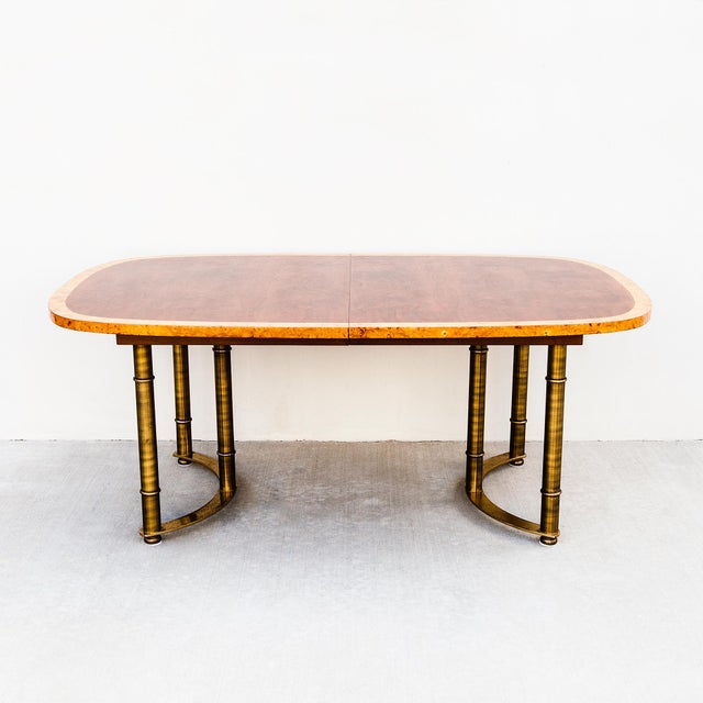 Restored 1970s Burl & Brass Mastercraft Dining Table With Two Leaves, Attributed For Sale - Image 9 of 13