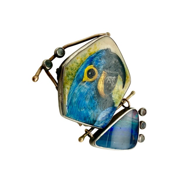 American Ali Wieboldt 14k Gold & Sterling Painted Parrot Pin Opal & Moonstones For Sale - Image 3 of 8