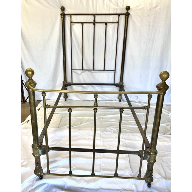 Pair of Antique Victorian Brass Twin Beds With Original Cast Iron Dovetail Rails For Sale - Image 4 of 17