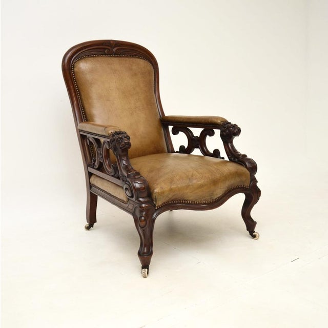 Antique Victorian Carved Leather Chair, 1850s For Sale - Image 11 of 11