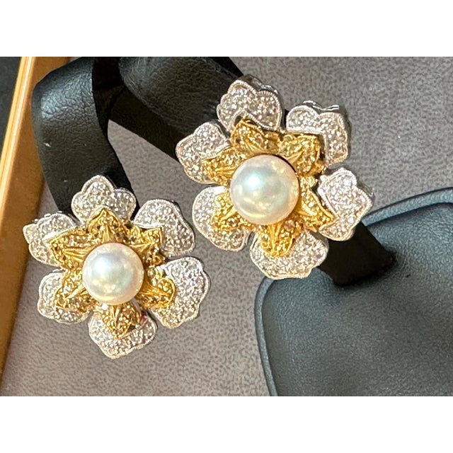 Metal Diamond South Sea Pearl Platinum Large Flower Clip on Earrings, Two Tone For Sale - Image 7 of 8