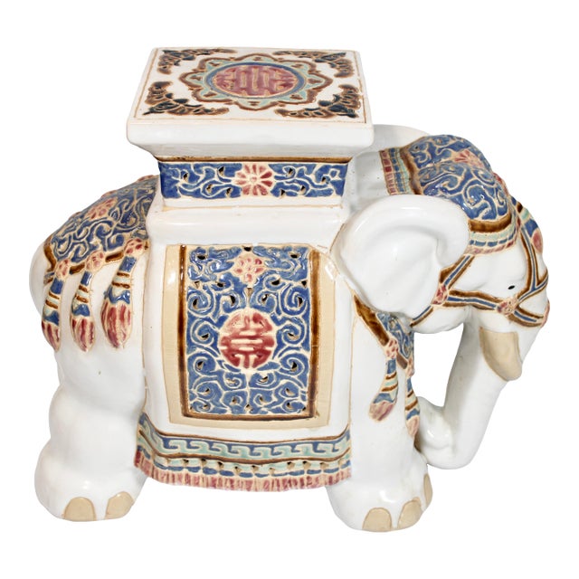 Vintage Boho Chic Ceramic White Elephant Garden Stool For Sale