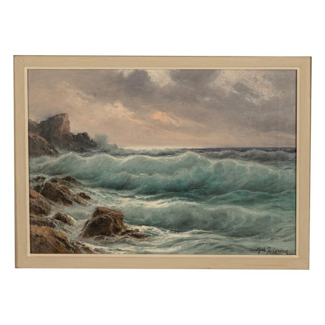 Original oil painting on canvas by Cavalier Michele Federico (Italy, 1884-1966), waves crashing upon the rocky coastline...
