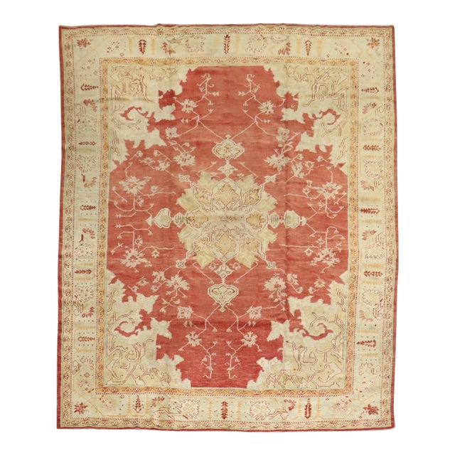 Zabihi Collection Red Antique Turkish Oushak Rug - 9'6" x 11'11" For Sale