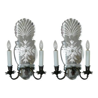 Early Georgian Style Wheel Cut Mirror Back Two-Light Sconces - A Pair For Sale