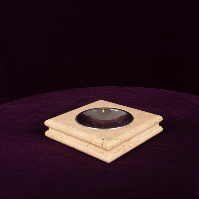 1970s Italian Square Travertine Ashtray with Removable Metal Dish, 1970 For Sale - Image 5 of 16