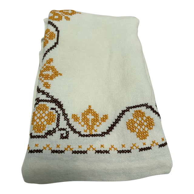 Vintage Embroidered Cross Stitch Tablecloth For Sale