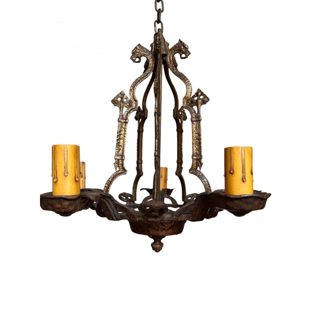 Bronze Early 20th Century Spanish Revival Gargoyle Chandelier in Bronze Original Patina For Sale - Image 8 of 12