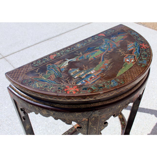 Antique 19th Century Chinese Brown Lacquer Demi-Lune Console Table | Hand-Painted Gilt Decor For Sale - Image 12 of 17