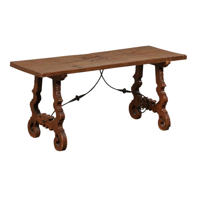 Antique Spanish Wooden Coffee Table with Carved Lyre-Legs and Iron Stretchers For Sale