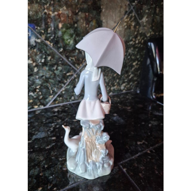 Mid-Century Modern Vintage Lladro Glossy Porcelain Figurine #4510 "Girl With Umbrella and Geese" (Jg) For Sale - Image 3 of 7