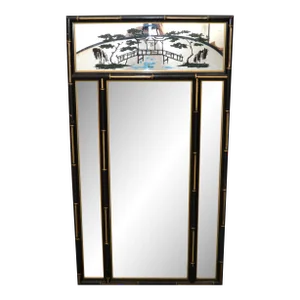 Chinoiserie Faux Bamboo Wall Mirror Black & Gold Finish Chinese Export 1970