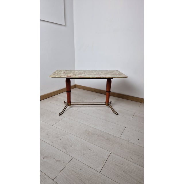 Vintage Coffee Table in Brass and Wood with Marble Top, 1950 For Sale - Image 6 of 12