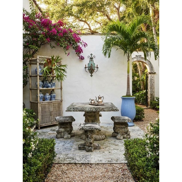 Vintage Cast Stone Garden Dining Set With Dolphin Pedestal Table & Three Matching Stools For Sale - Image 11 of 12