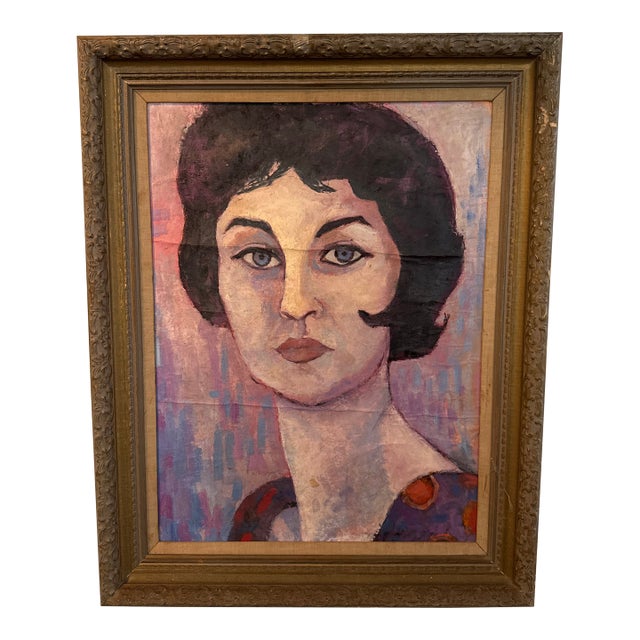 Mid-Century Modernist Oil Portrait in Giltwood Frame For Sale