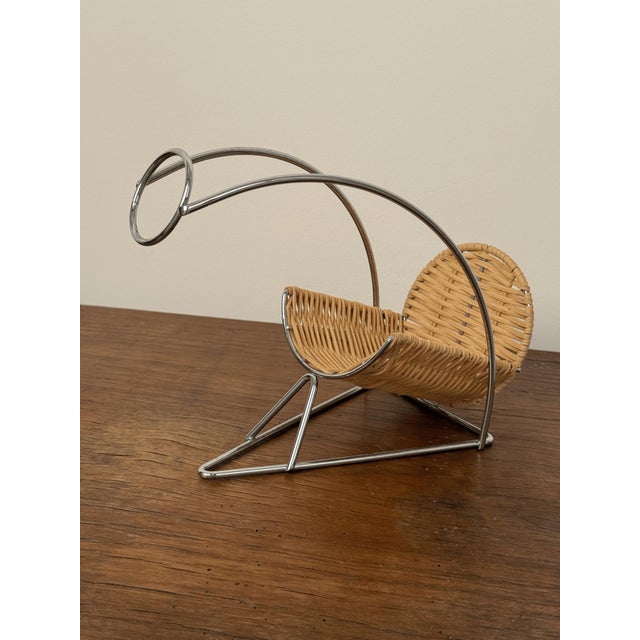 Mid-Century Modern Vintage Wicker and Chrome Wine Bottle Holder For Sale - Image 3 of 5
