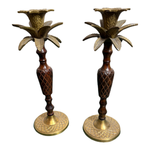1970s Hollywood Regency Brass, Wood and Metal Palm Tree Candlesticks - A Pair