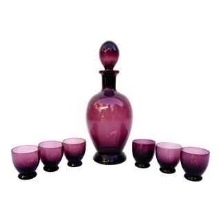 Mid-Century Amethyst Art Glass Party Barware Set || 7-Piece Italian Purple Glass Decanter + 6 Glasses For Sale