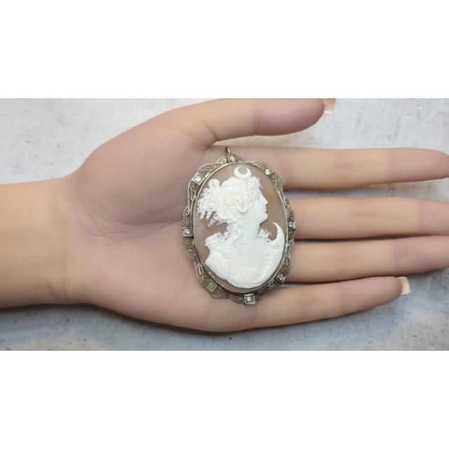 Metal Antique Shell Cameo White Gold With Diamond Brooch Greek Goddess Artemis For Sale - Image 7 of 8
