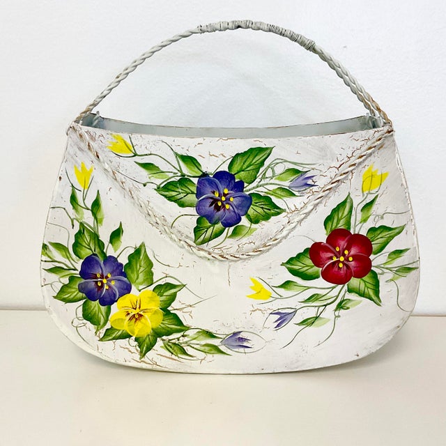 1980s Vintage 1980s Italian Tole Hand Painted Metal Wall Basket With Colorful Pansies For Sale - Image 5 of 9