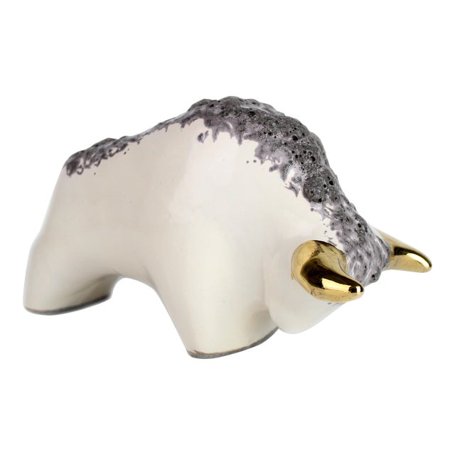 Mid-Century Modern Vintage Otto Keramik Ceramic Bull Buffalo Figurine Off White Black Glaze Germany For Sale