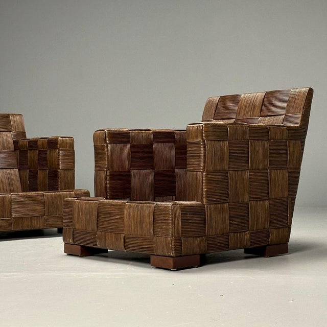 John Hutton, Woven Cane, Mahogany, Oversized Lounge Chairs, Usa, 1990s For Sale - Image 13 of 14