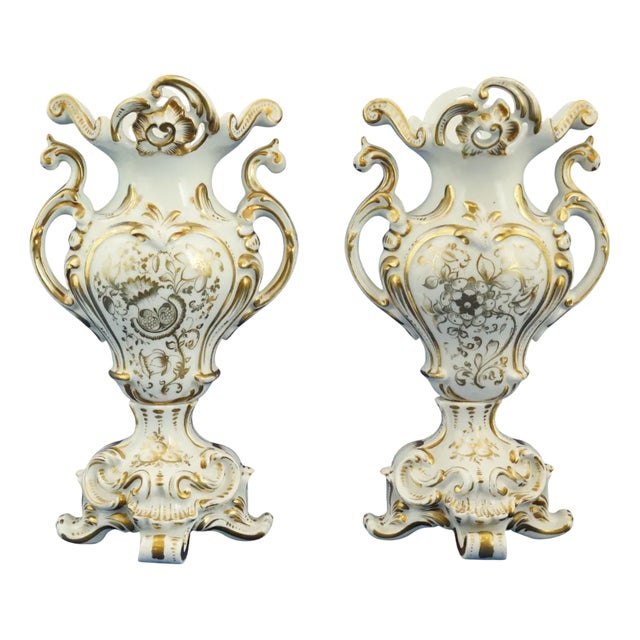 Louis-Philippe Style Porcelain and Gold Vases attributed to Jacob Petit, France, 1800s, Set of 2 For Sale