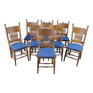 8 Antique Victorian Revival Carved Oak Pressback Dining Chairs Cane Seat Cushion For Sale