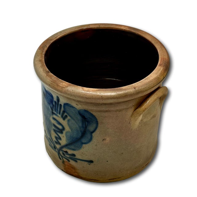 Wonderfully Rustic Small 1 Gallon Size Antique MId 1800s American Blue Decorated Stoneware Storage Crock 7 Inches Tall For Sale - Image 9 of 18