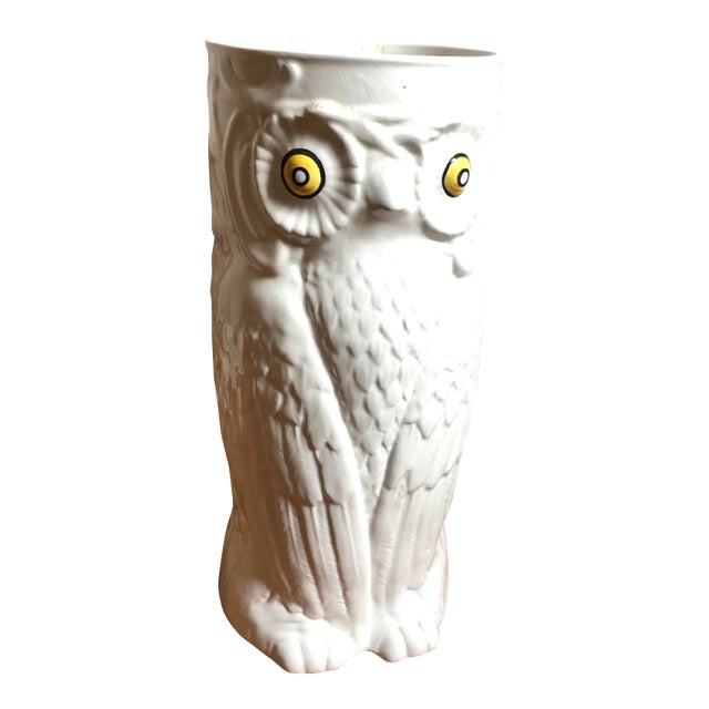 Mid Century White Ceramic Owl Umbrella Stand For Sale
