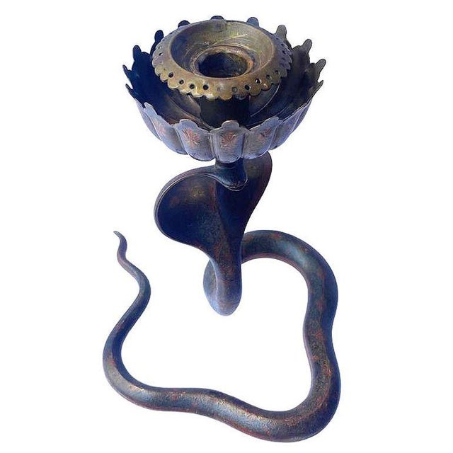 Metal 20th Century Hand Etched Persian Cobra Brass and Bronze Candle Holders, Pair For Sale - Image 7 of 12
