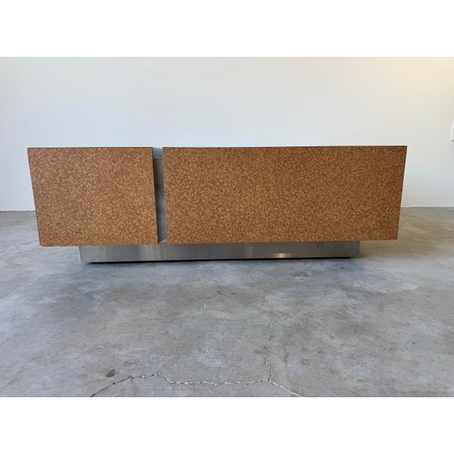 1980s Postmodern Laminated Tortoiseshell & Brushed Steel Plinth Base Coffee Table on Wheels For Sale - Image 10 of 12