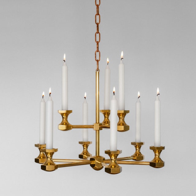 Metal Large Scandinavian Postmodern Brass Candle Chandelier from Gusum, Sweden, 1980s For Sale - Image 7 of 7