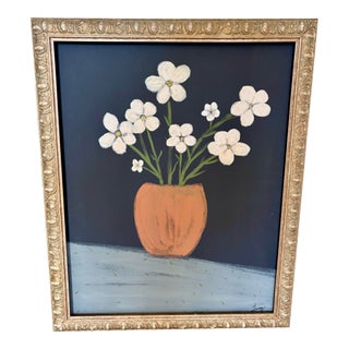 Large Original Vintage Framed Primitive Floral Bouquet Painting For Sale