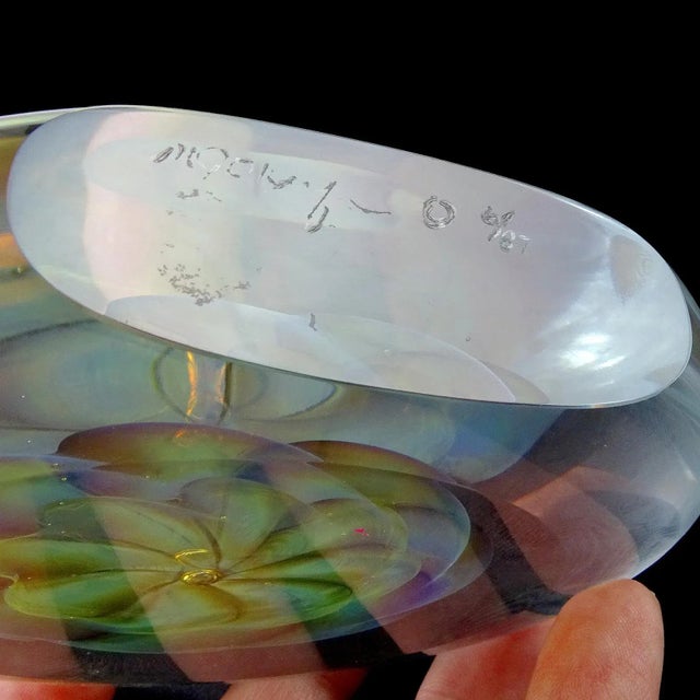 Vintage Artist Signed Opalescent Golden Yellow Double Floral Design Studio Art Glass Paperweight For Sale In Orlando - Image 6 of 7