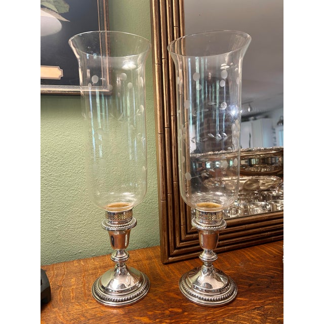 1960’s-1970’s Vintage Garden Silversmiths Sterling Silver Etched Glass Hurricane Candleholders - A Pair For Sale - Image 10 of 11