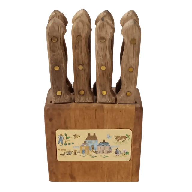 Vintage Heartland Steak Knifes by International Stoneware - Farm Scene Set of 8 With Block Holder For Sale