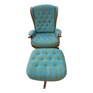 1960s Heywood-Wakefield Danish Modern Walnut Wingback Lounge Chair & Swivel Ottoman For Sale