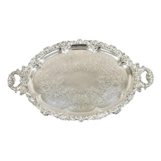 Antique Victorian English Sheffield Ornate Oval Footed Serving Platter Bar Tray For Sale