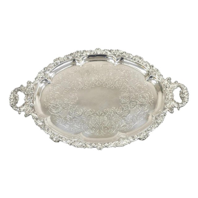 Antique Victorian English Sheffield Ornate Oval Footed Serving Platter Bar Tray For Sale
