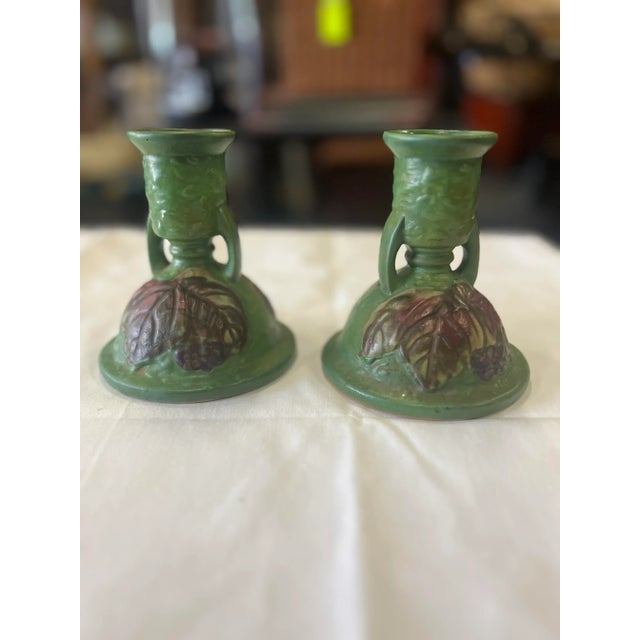 1940s Style Roseville Style Pottery Candlestick Holders - a Pair For Sale - Image 6 of 11