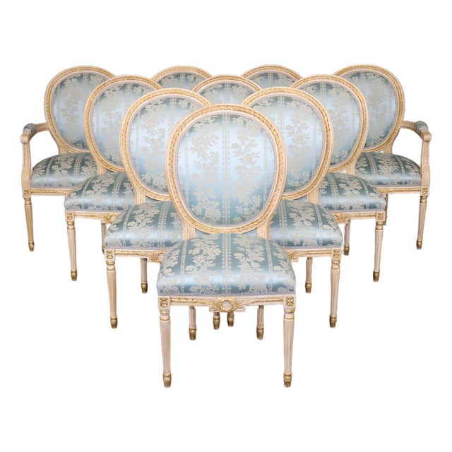 Set 10 French Louis XVI Style Parcel Gilt Dining Chairs. For Sale