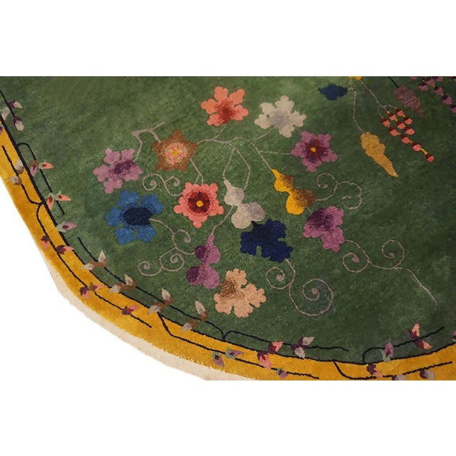 Early 20th Century 1930s Green Floral Oval Antique Chinese Art Deco Rug 6' X 8' 10" Handknotted Wool Carpet For Sale - Image 5 of 6