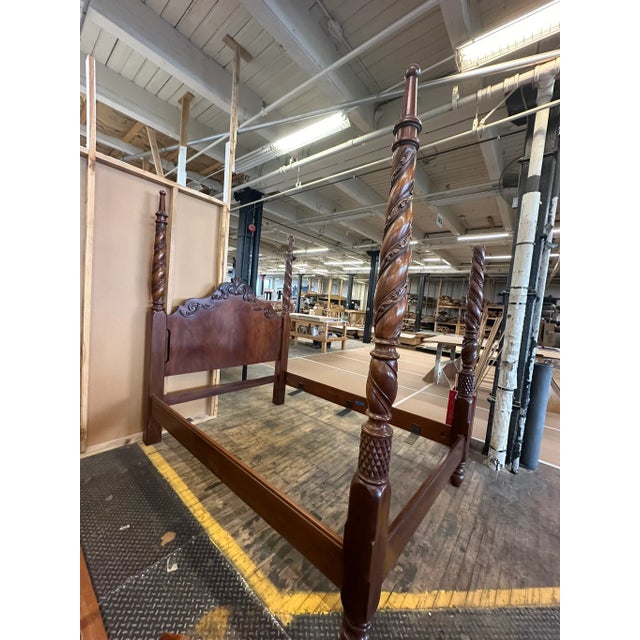 American Vintage Traditional Hand Carved Solid Walnut Queen Four Poster Bed For Sale - Image 3 of 7