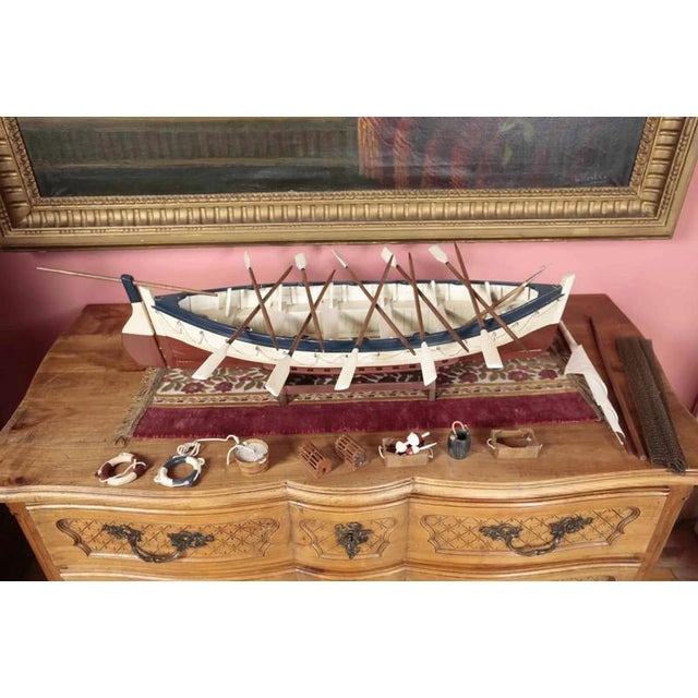Large Wooden Fishing Boat Model with Oars For Sale - Image 4 of 4