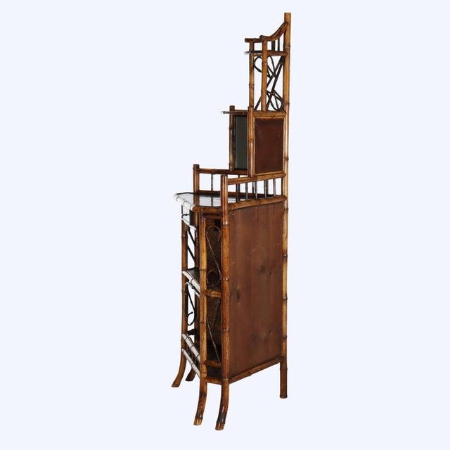 Antique Asian Bamboo Corner Etagere With Floral Leather Tooling & Mirror C1890 For Sale - Image 9 of 16