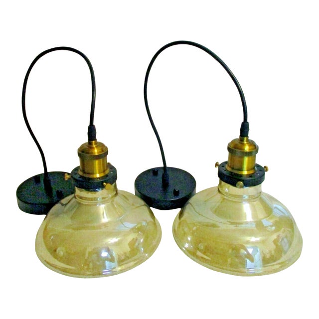 Pair of Finesse Decor Pl-718 Wide Single Pendant Cognac Lamps For Sale