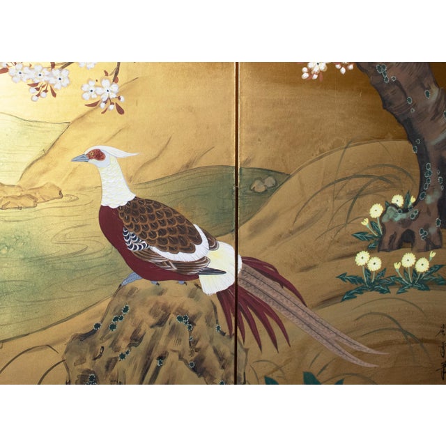 "Cherry Blossoms and Golden Birds" by Ransetsu, Heisei Era Japanese Byobu Screen For Sale - Image 13 of 18