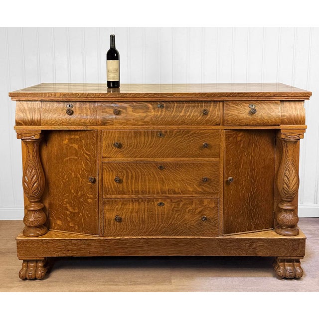 - Early 20th Century Transitional American Empire Buffet Server - Solid Oak with a Wonderful Quartersawn Veneered Finish...