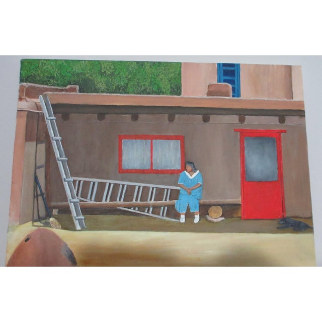 This is a BEAUTIFUL ORIGINAL oil on canvas painting of the front of a Southwestern Native American or Mexican home,...